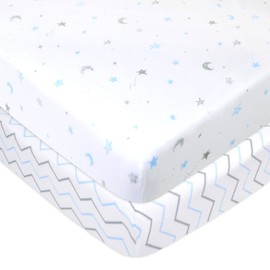 American Baby Company 2 Pack Fitted Pack N Play Playard Sheet 27" x 39", Soft Breathable Neutral 100% Cotton Jersey Pack and Play Sheet, Blue Stars/Zigzag, for Boys and Girls, Fits Most Mini Crib
