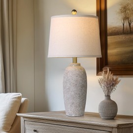 MOUVOVO 25" Jar Table Lamps Set of 2, Ceramic Bedside Lamps for Living Room, Grey Farmhouse Nightstand Lamps for Bedroom