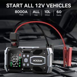 Portable Car Jump Starter with Air Compressor, ACEZUK 150PSI 8000A Jump Starter (All Gas/10.0L Diesel), 12V Battery Jump Box Car Battery Jumper Starter with 3.4" LCD Display, 2 Lights