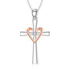 LWXIE Diamond Heart Cross Necklace for Women 925 Sterling Silver Heart Cross Pendant Necklaces with Lab Grown Diamond Jewelry Gifts for Loved Ones