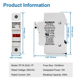 Baomain 5-Pack Cylindrical Fuse Holder RT18-32(X) 10 X 38mm Fuse Base Single Pole 35mm DIN Rail Mount 32A 690VAC with Indicator Light UR & CE Certified