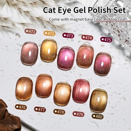 JODSONE 10 Colors Amber Rainbow Cat Eye Gel Nail Polish Set with Base Coat and Top Coat Magnetic Stick Nail Art Gifts to DIY at Home