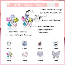 Jstyle 8 Pairs Hypoallergenic Screw Back Earrings for Girls Women 316L Stainless Steel Cute CZ Butterfly Heart Flower Pearl Screwback Stud Earrings Set for Teen Girls Colorful Tone 20G