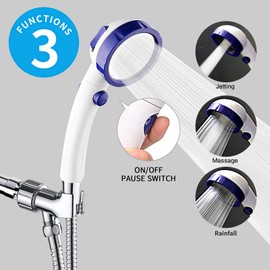 KAIYING High Pressure Handheld Shower Head with ON/OFF Pause Switch, 3 Spray Modes Shower Wand with Shut Off Button, Removable Camper Shower Head with Hose and Adjustable Angle Bracket (White & Blue)