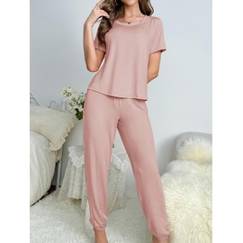 MAIABLEAU Womens Pajama Sets Cotton Pj Set Short Sleeve Top with Long Pants Sleepwear 2 Piece Lounge Set Pink M
