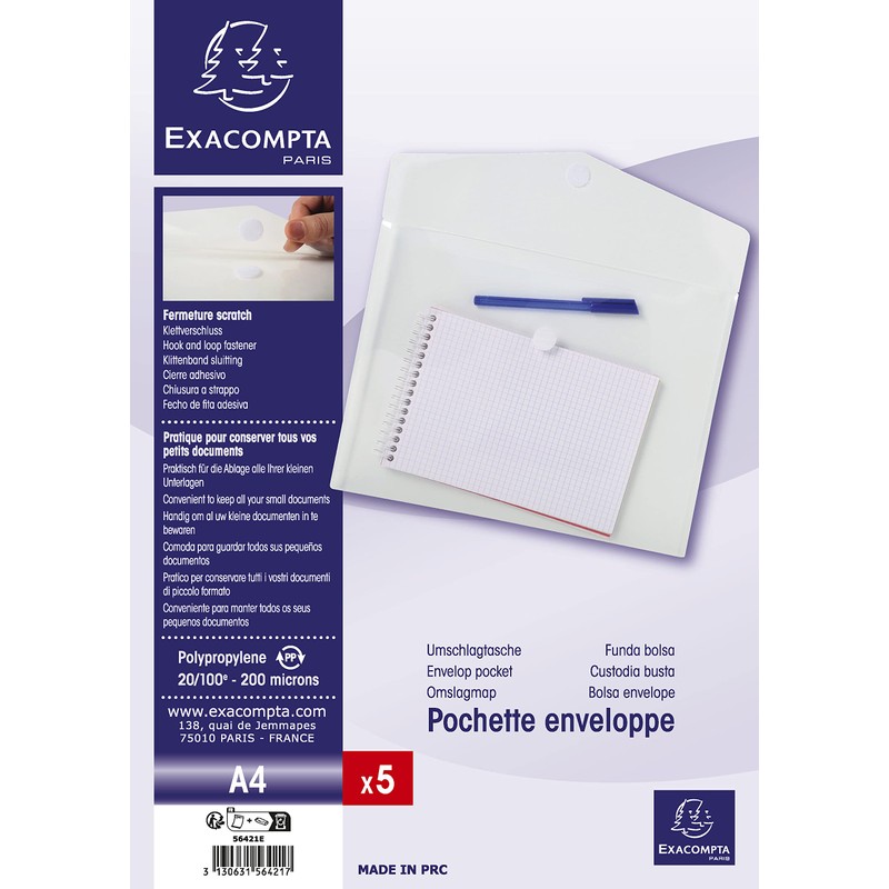 Exacompta 56421E Pack of 5 Plastic Envelopes DIN A5 for
