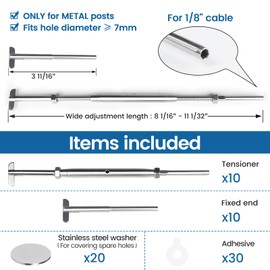 Muzata 10 Pairs 1/8" Cable Railing Hardware Kit Drop Pin Turnbuckle Tensioner for Metal One-Post Corner T316 Stainless Steel Deck Cable Railing System Angle 180° Adjustable Stairs 20 Pack CK21
