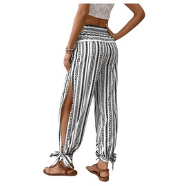 WDIRARA Women's Boho High Waist Split Knot Hem Long Pants Flowy Harem Yoga Pants Multicolor Small
