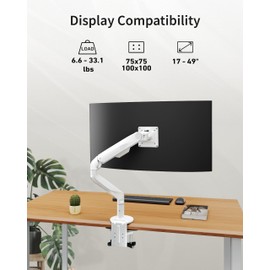ErgoUnion Single Monitor Mount for 17-49" Ultrawide Monitors Within 33.1 lbs - Heavy Duty Monitor Arm with VESA Mount, Single Monitor Arm Desk Mount, Adjustable Computer Monitor Stand, White
