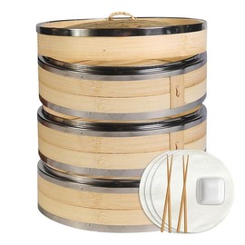 Hcooker 3-Tier Bamboo Steamer with Stainless Steel Rings for Asian Cooking | Sauce Dish & 2-Chopsticks | Buns Dumplings Vegetables Fish Rice - Color: 9.4-Inch Diameter
