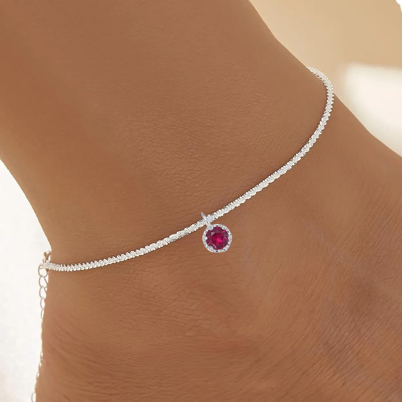 Wellike Silver Ankle Bracelets For Women Waterproof July Pink Birthstone