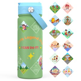Kids Achievements Water Bottle with Reward Stickers, 18oz Vacuum Double Insulated Cup with Straw, 316 Stainless Steel Bottles for School, Gift for Girls(Green)