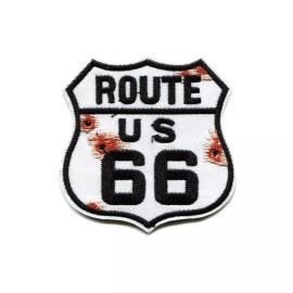 Patchwork Paradise Apocalyptic Shot Up Route US 66 Highway Sign Embroidered Iron On Patch Applique