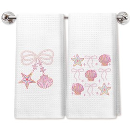 PIUD Coquette Pink Bow Coastal Beach Kitchen Dish Towels Set of 2, Girly Pink Seashell Preppy Beach Hand Towels for Bathroom Decor, Girly Coquette Bathroom Decor, 16x24 Inch