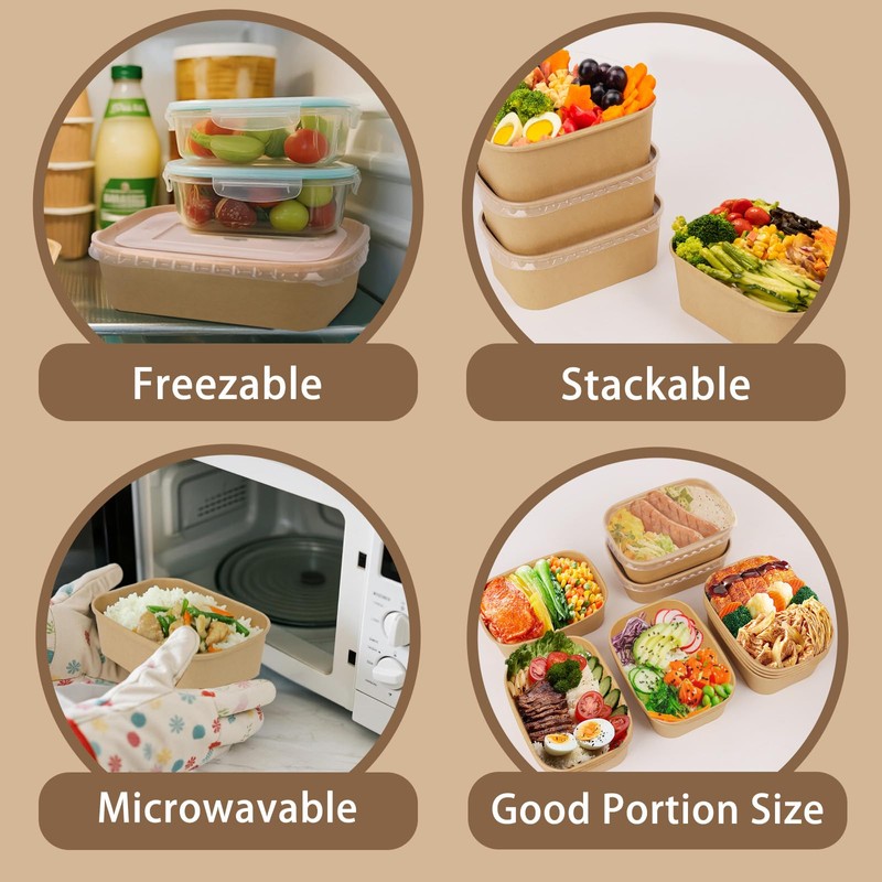 DeziWood 50 Pack 35 oz Paper Food Containers with Lids,