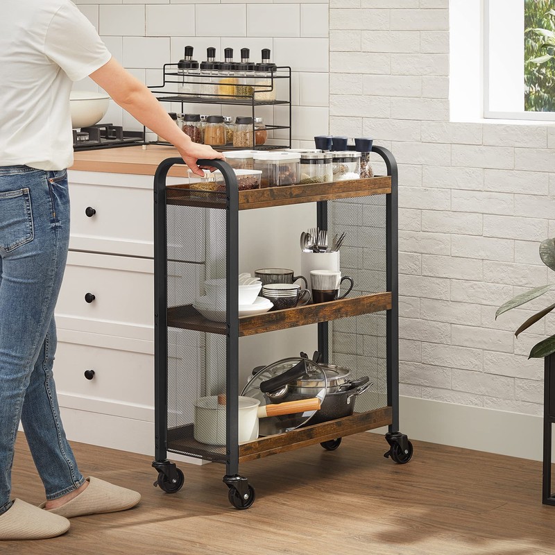 VASAGLE 3-Tier Narrow Storage Cart, Rolling Cart with Wheels, Steel