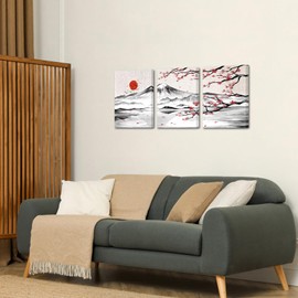 LyeArtork 3 Pieces Japanese Cherry Blossom Mount Fuji Canvas Wall Art Black White Pink Floral Wash Painting Wall Decor for Living Room Bedroom 12"x16"x3pcs