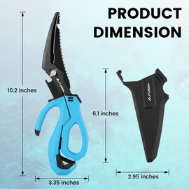 FLISSA 10" Fishing Scissors, Stainless Steel Detachable Kitchen Scissors, Fishing Shears with Fin Clipper & Fish Scaler, Non-Slip Grip, Protective Sheath