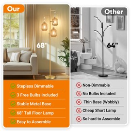 ROTTOGOON Dimmable Boho Floor Lamp - 3 Light Farmhouse Rattan Floor Lamp for Living Room, Industrial Tree Floor Lamps with 3 X 6W LED Bulbs, Rustic Standing Tall Lamp for Bedroom, 68", Gold