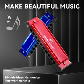 Conjurer Blues Harmonica C Mouth Organ for Children& Adults, Blues Harp 10 Holes Diatonic Harmonica Kids key of C, 1001C Red