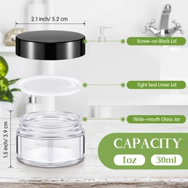 Domensi 60 Pcs 1oz Glass Jars with Lids Bulk Salve Tins Small Glass Candle Jars Cosmetic Jars for Travel with Inner Liners Containers for Lotions Sample Cream(Clear, Black Lid)