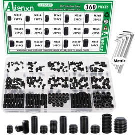 Aienxn 360PCS 15 Metric Sizes Set Screw Assortment Kit, Hex Socket Head Cup Point Set Screws 12.9 Class Alloy Steel Grub Screw, Internal Hex Drive Cup-Point Screw (M3-M8)