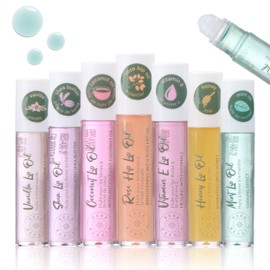 Expressions 7pc Lip Oil - Natural High Shine Tinted LIp Oil with Essential Oils, Hydrating Roll On Lip Oils Infused w/Essential Oils - Rollerball Lip Oils, Vitamin Enriched Lip Oil Set