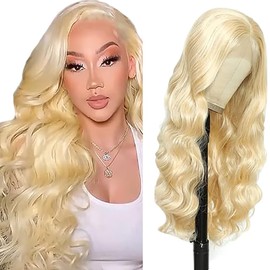 Shoaiye 4x4 Lace Front Real Hair Wig, Women's Body Wave Human Hair Wig, Wear and Go Glueless Remy Pre Plucked Natural Hairline, 150% Density, #613 Blonde Colour for Woman, 16 Inches