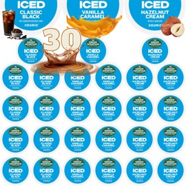 30-count K-Cup portion packs for K-Cup Brewers with Green Mountain Brew Over Ice Flavors Vanilla Caramel, Hazelnut Cream and Classic Black Variety Packaged by Brightest Place
