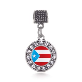 Inspired Silver - Puerto Rico Flag - Silver Memory Charm for Women - Circle Charm Jewelry Gift with Cubic Zirconia - Women's Charm for Bracelets