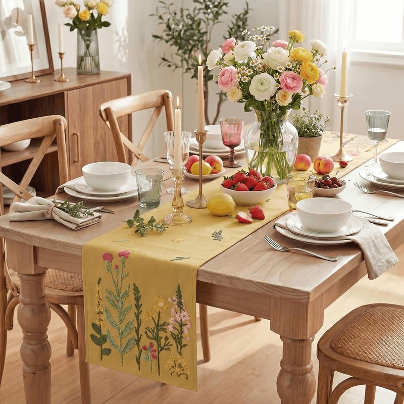 Light Camel Soft Chain Embroidery Wild Floral Spring Table Runner,