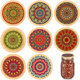 Beeveer 8 Pcs Mason Jar Lids for Regular Mouth Bamboo Mandala Decorative Storage Yogurt Jar Lids 2.76 Inch with Airtight Silicone Sealing Rings Reusable for Round Canning