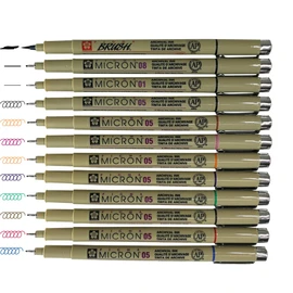Sakura Pigma Micron pens 12 Fineliner Drawing Set (05 Assorted Color with Black Brush, 08, 01 & 05)