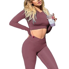 Danysu Gym Sets for Women 2 Piece Cross Waist Workout Clothes Long Sleeve Crop Tops Scrunch Butt Leggings Matching Outfits Opera Mauve XL