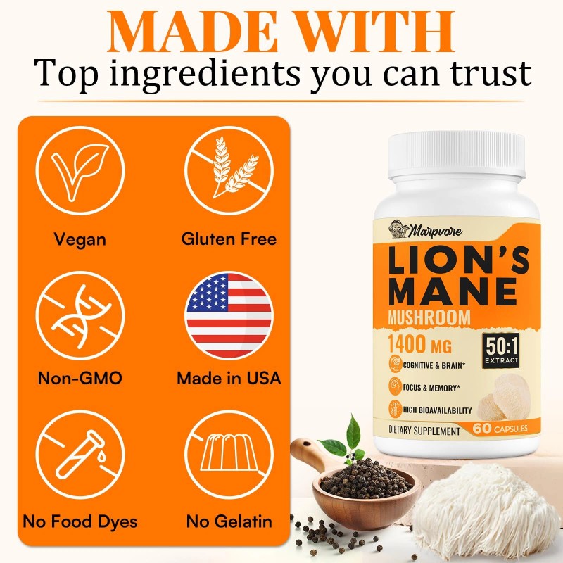 70000mg Lions Mane Supplement Capsules - 50x Strength Potency Lions