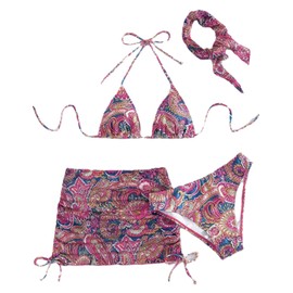 3-Piece Paisley Print Bikini Set with Sarong Cover Up, Pink and Navy Blue Pattern, Tie-Side Design (pink, large)