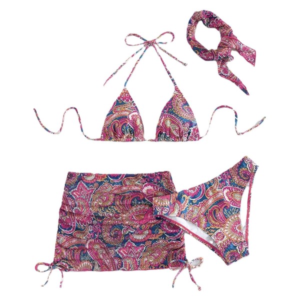3-Piece Paisley Print Bikini Set with Sarong Cover Up, Pink