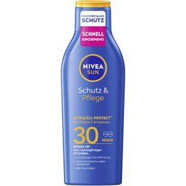 Nivea Sun Protection & Care Sun Lotion SPF 30, Waterproof Sun Protection with Vitamin C & Hyaluron, Quick-Absorbing Sun Cream for 48 Hours of Moisture without White Film (200 ml)