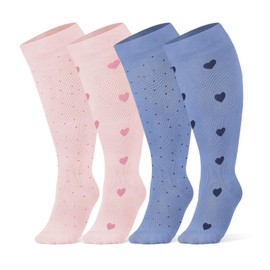 Breslatte Wide Calf Compression Socks for Women Men Plus Size 10-14 mmHg Circulation Knee High Support Stockings 4Pair-09 Dot/Heart Pink/Blue/Pink/Blue 3X-Large-4X-Large
