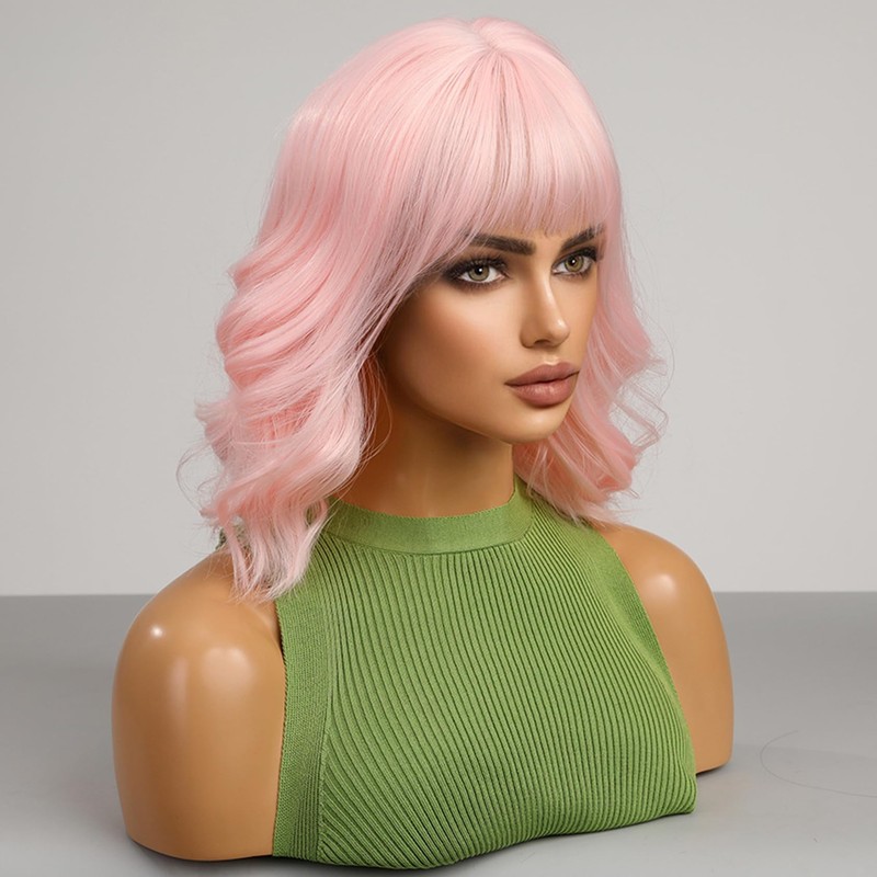 WTHCOS Light Pink Wig Short Bob Wig Short Curly Wavy