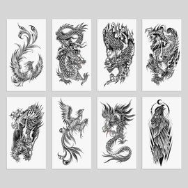 Oottati 8 Sheets Waterproof Arm Temporary Tattoo Stickers Black Flying Dragon Phoenix