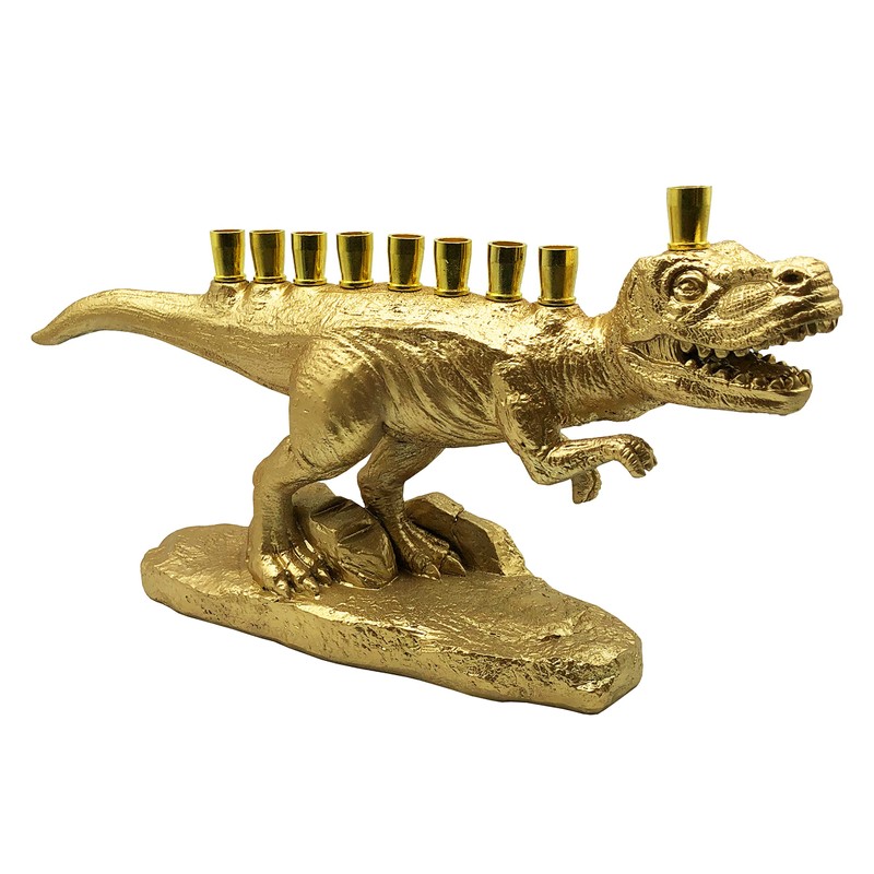 Zion Judaica Gold Dinosaur Menorah 3D Polyresin with Brass Cups