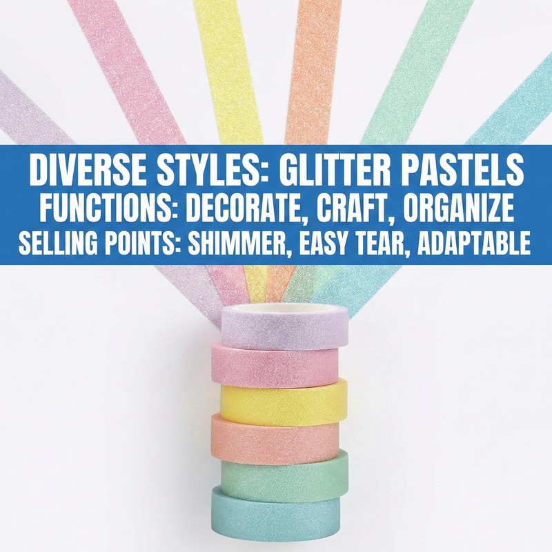 6 Rolls Glitter Washi Tape Set - Colourful Glitter Masking