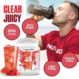 NutraBio Clear Protein Powder, Watermelon Breeze - 20 Servings, 20g Clear Whey Protein Isolate, 0 Sugar, 0g Lactose, Refreshing Fruit Flavors, GLP1 Support -Bone Health - Muscle Post Workout Recovery