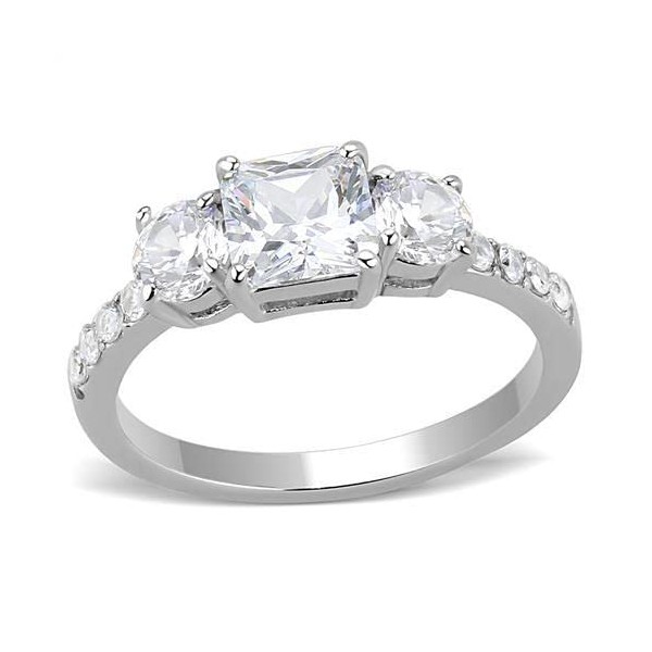 Yourjewellerybox Ladies Silver Ring Three Stone Princess Stainless Steel Simulated