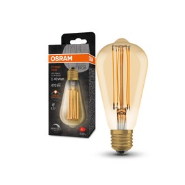 OSRAM Vintage 1906 LED Lamp with Gold Tint 5.8W 470lm Edison Shape 64mm Diameter & E27 Base Warm White Light Colour Straight Filament Dimmable Up to 15,000 Hours Life