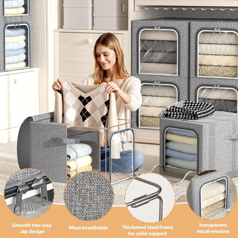 8 Pack Clothes Storage Bins with Metal Frame Foldable Clothing