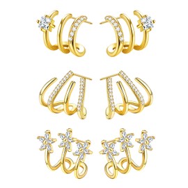 Fansilver 925 Sterling Silver Claw EarringsCubic Zirconia 14K Gold Plated Cuff Earrings Triple Huggie Illusion Stud Earrings Ear Cuffs Earrings for Women Trendy, Gold