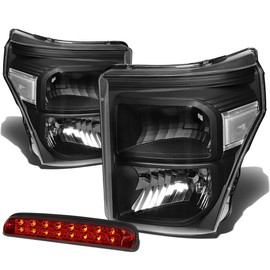 Auto Dynasty Compatible with Ford Super Duty 3rd Gen Pair of Black Housing Clear Corner Headlight - Red Lens LED Third Brake Light