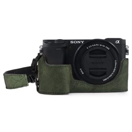 MegaGear MG1644 Ever Ready Genuine Leather Camera Half Case compatible with Sony Alpha A6100, A6400 - Green